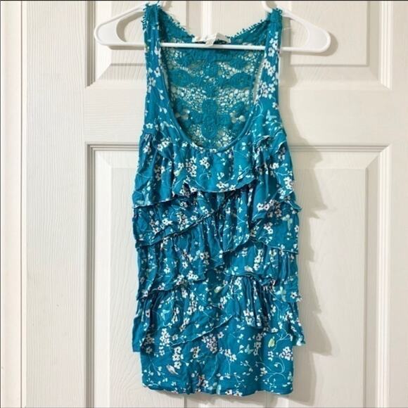 LC Lauren Conrad Floral Blue Crochet Back Tiered Ruffle Tank Size XS - Picture 2 of 5